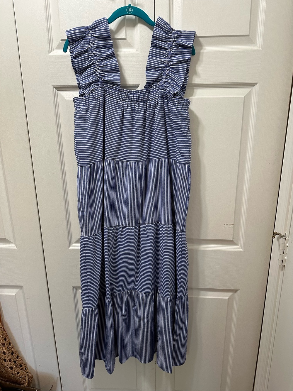 THML Blue and White Striped Ruffle-Shoulder Dress